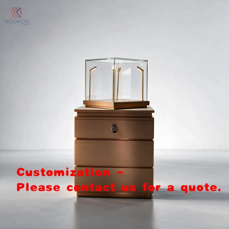 custom.Luxury Bedside Table Lockable Glass Vitrine LED Lighting Brushed Bronze Metal Chest Drawers High-End Boutique Decor