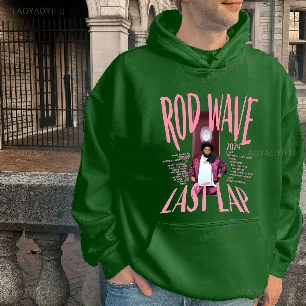 Rod Wave The Last Lap 2024 Rod Ware Design Roze patroon Sweatshirts voor heren en dames Zwarte hoodie voor heren Drop-shoulder mouw