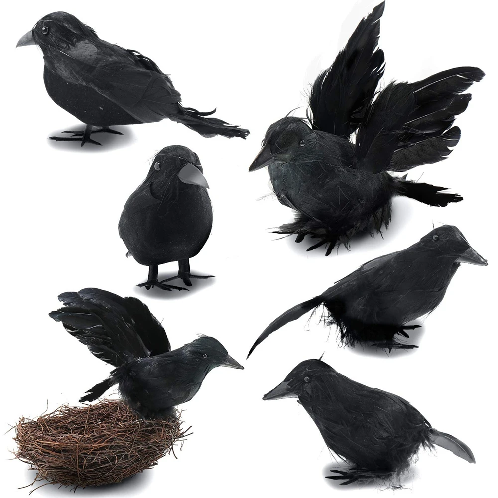 

Realistic Black Feathered Crows, Handmade Crows with Nest, Animal Scary Toys, Prop, Party, Home Decor, 6Pcs