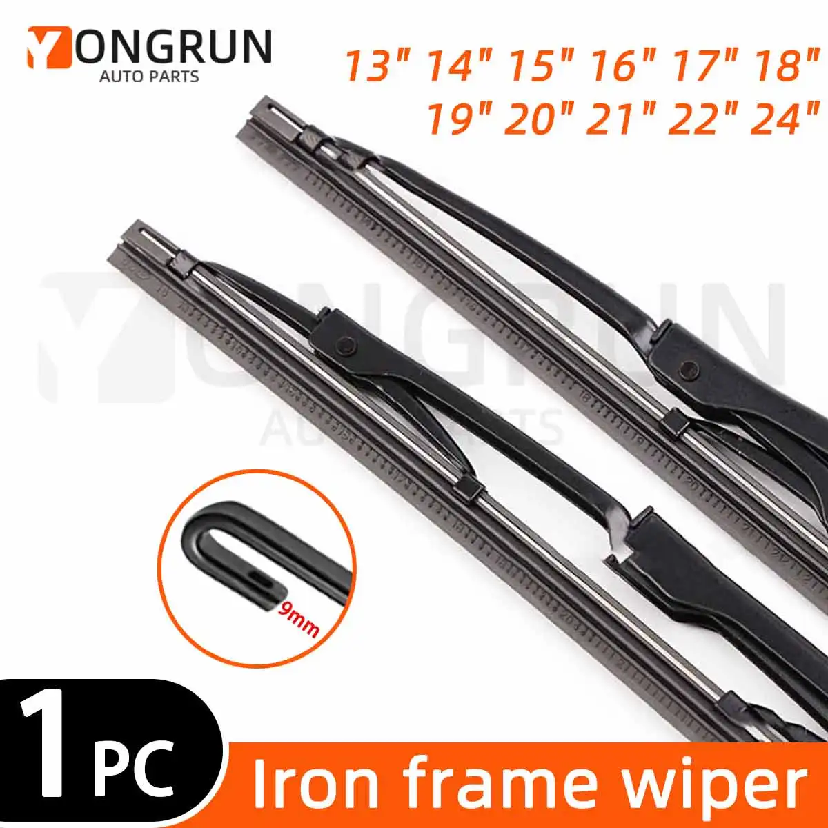 YONGRUN 9mm Automotive Eisenrahmenwischer Universal J/U Haken 13"14"15"16"17"18"19"20"21"22"24" Professionelle Automobilteile