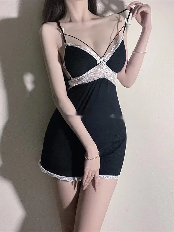 Backless Temptation Chest Pads Design Sense Strap Dress Fashion Lace Summer Women V Neck Bowknot Sweet Cute New Style Soft 118I