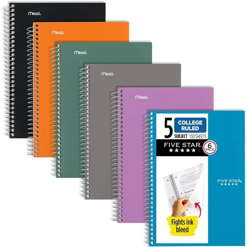 Spiral Notebooks, 6, 5 Subject, College Ruled, 9 1/2