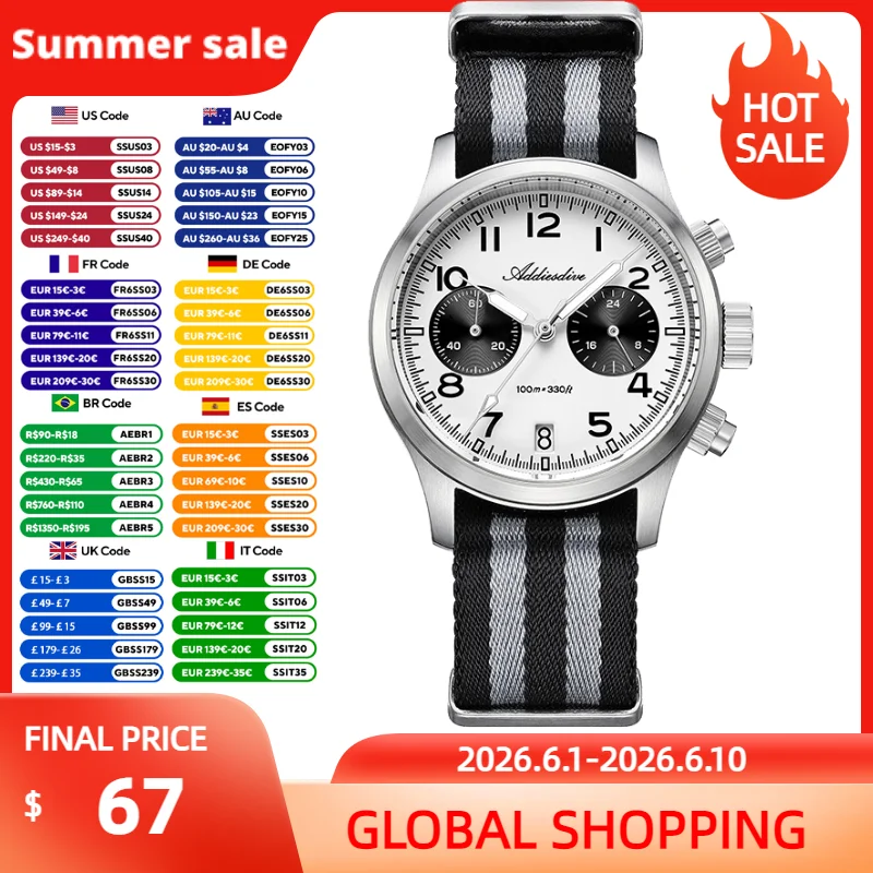 

ADDIESDIVE Man Watch VK64 Quartz Chronograph 39mm Luxury Sapphire Glass BWG9 Luminous 100m Waterproof Steel Wristwatch AD2538