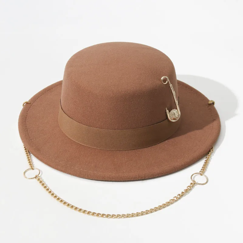Women's Autumn Winter Wool Felt French Flat Top Fedora Hat with Pin Chain Decor Jazz Cap
