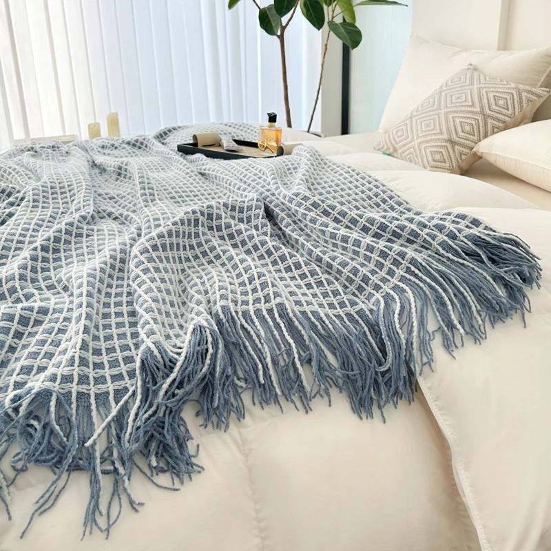 Tassel Waffle Blanket for Beds Thread Blanket for Picnic Blue Towel Blanket for Sofa 130x170cm Blanket for Travel Plaids Sofa