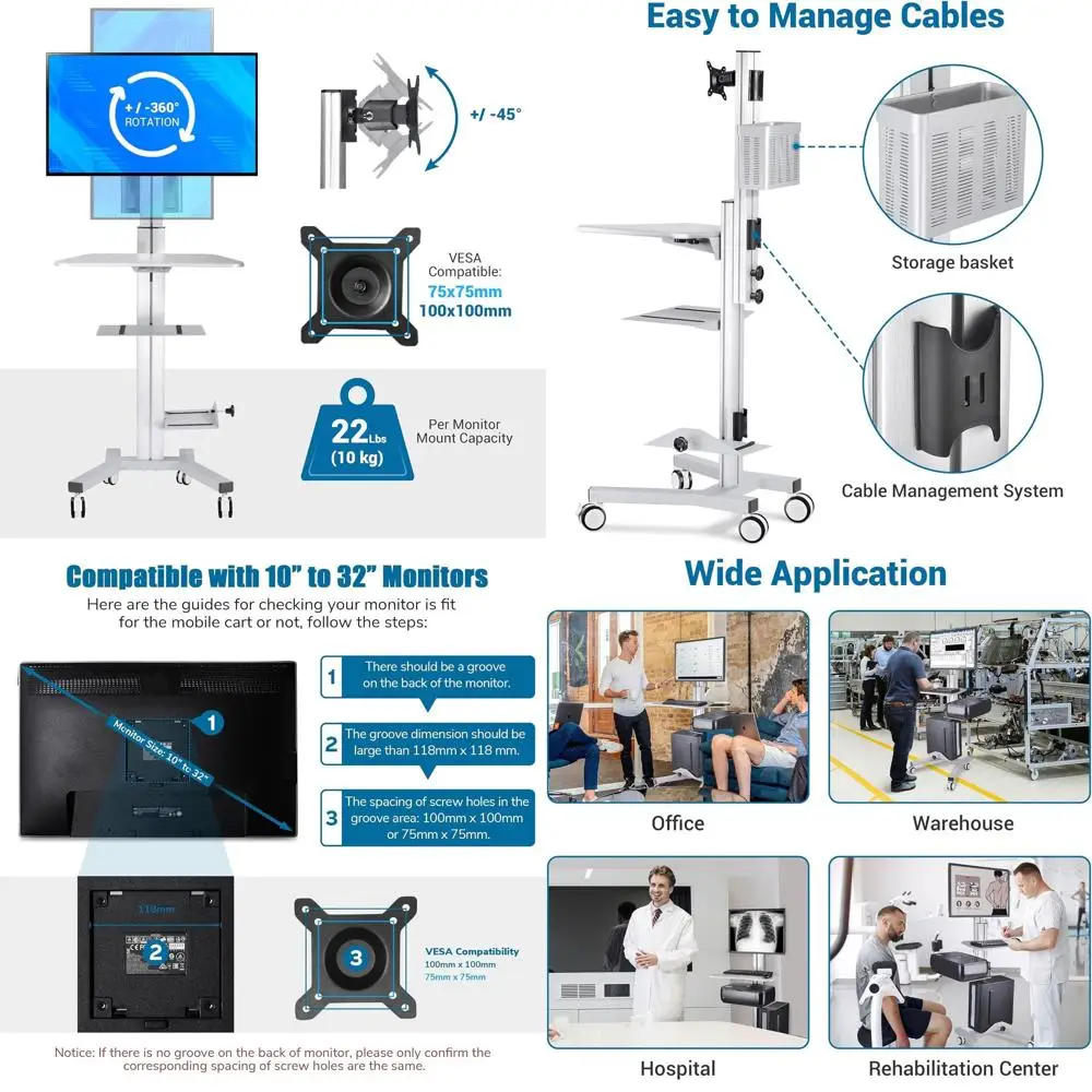 

Adjustable Rolling Computer Cart with Monitor Mount, Keyboard Tray, CPU & Printer Holder for Hospitals, Clinics, Schools, and Of