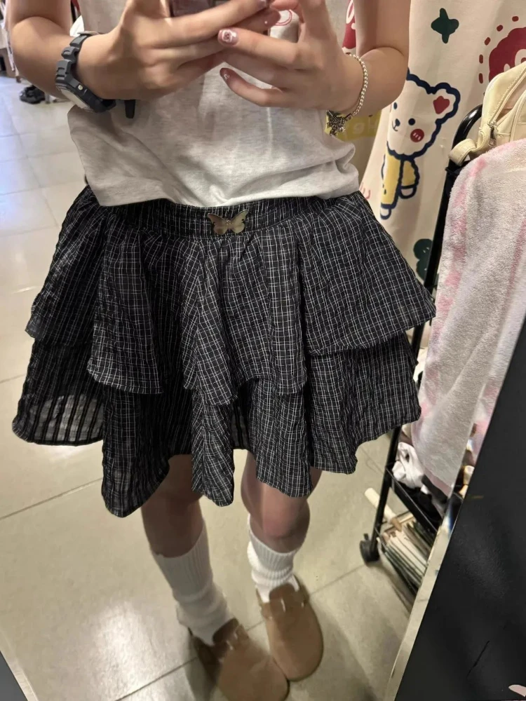 HOUZHOU Kawaii Black Plaid Mini Skirt Women Japanese Sweet Harajuku Y2K Elastic Waist A-line Loose Ruffle Short Skirt Lolita