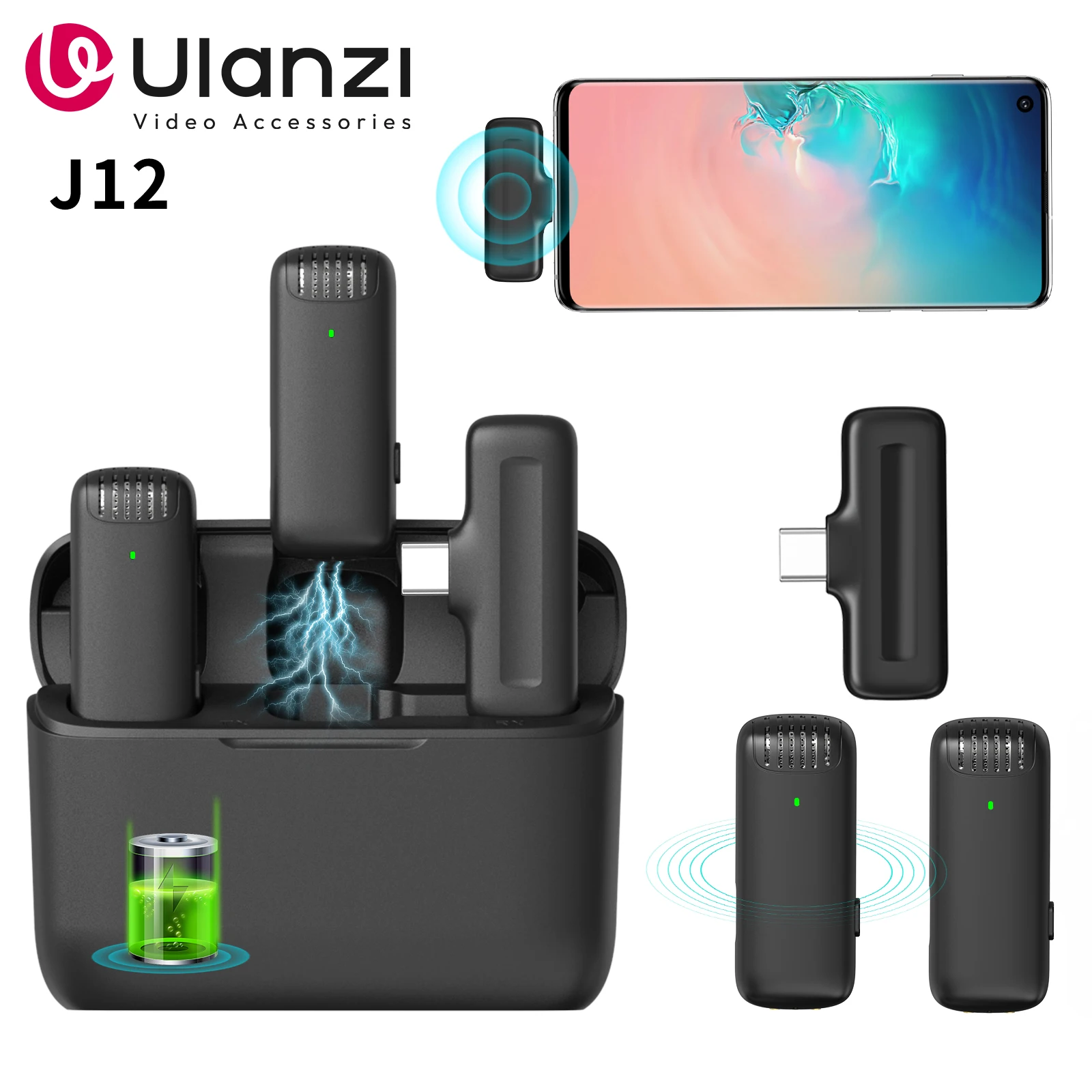 Micrófono Lavalier Ulanzi J12 profesional portátil 20M alcance de recepción Plug Play micrófono para teléfono inteligente Android iPhone16 15 14 13 12