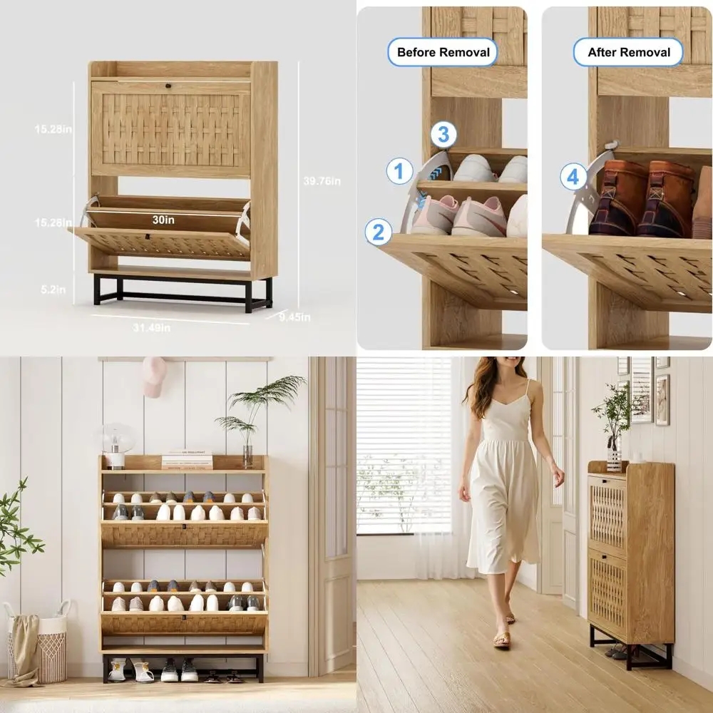 

Отдельно стоящий шкаф для обуви из дышащего МДФ с двумя ящиками и металлическими ножками для хранения в прихожей