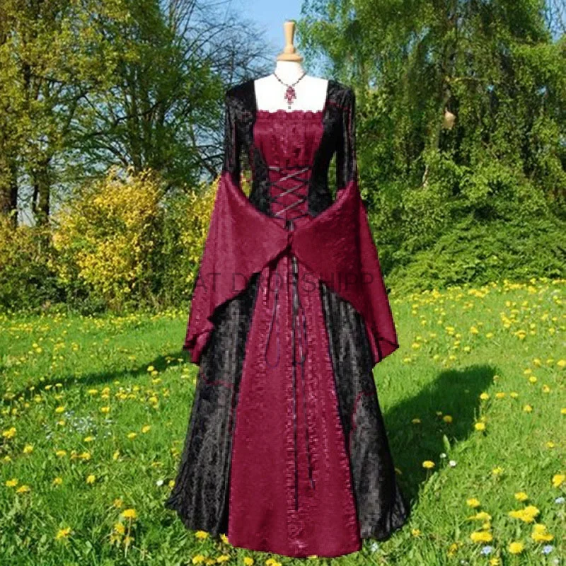 Women Medieval Retro Palace Style Court Dress Eleagance Lace Splice Long Sleeve Square Collar Floor-Length Ball Party Vestido