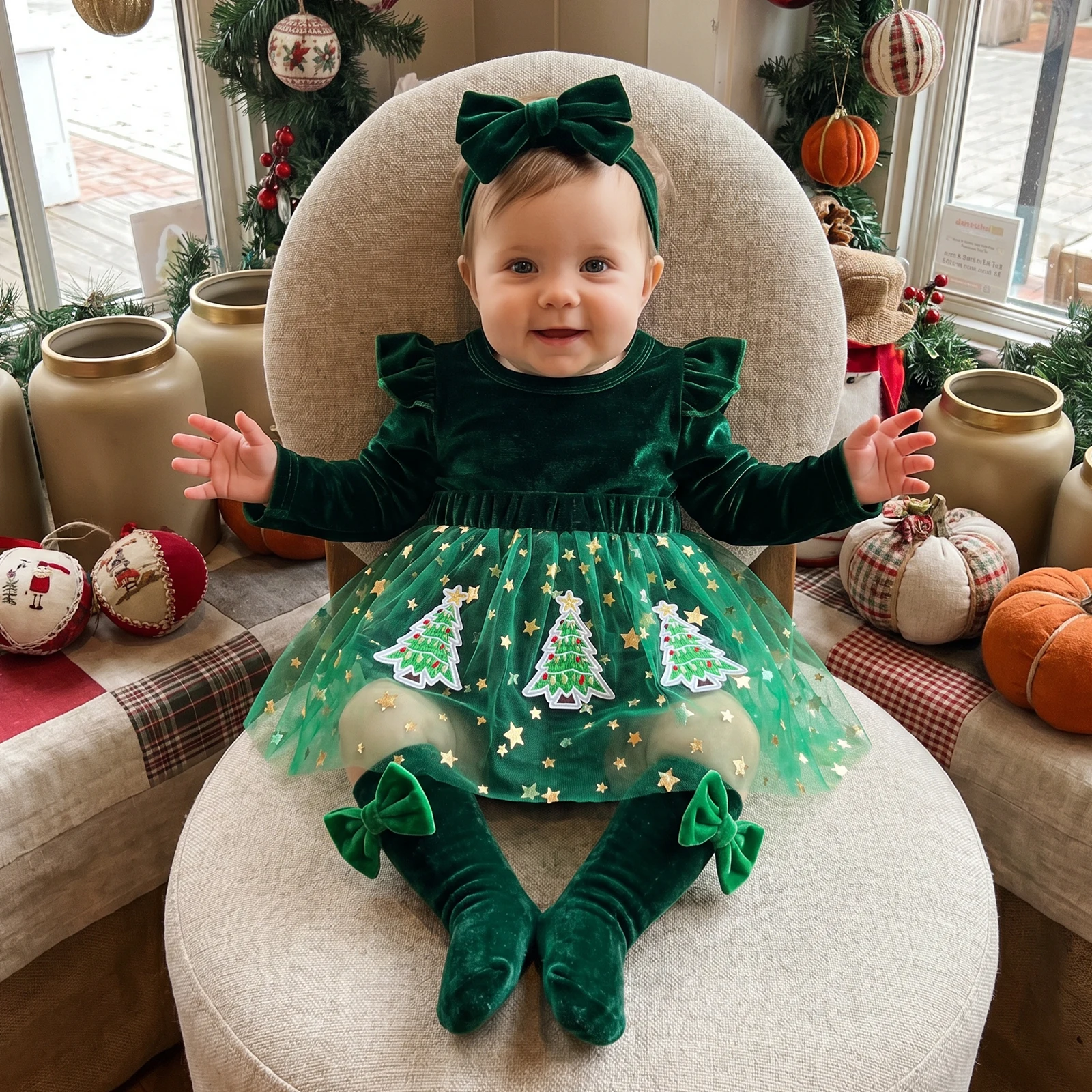 Baby Girl Christmas Corduroy Bodysuits Outfits Long Sleeve Tulle Mesh Romper Dress Headband Socks Costume
