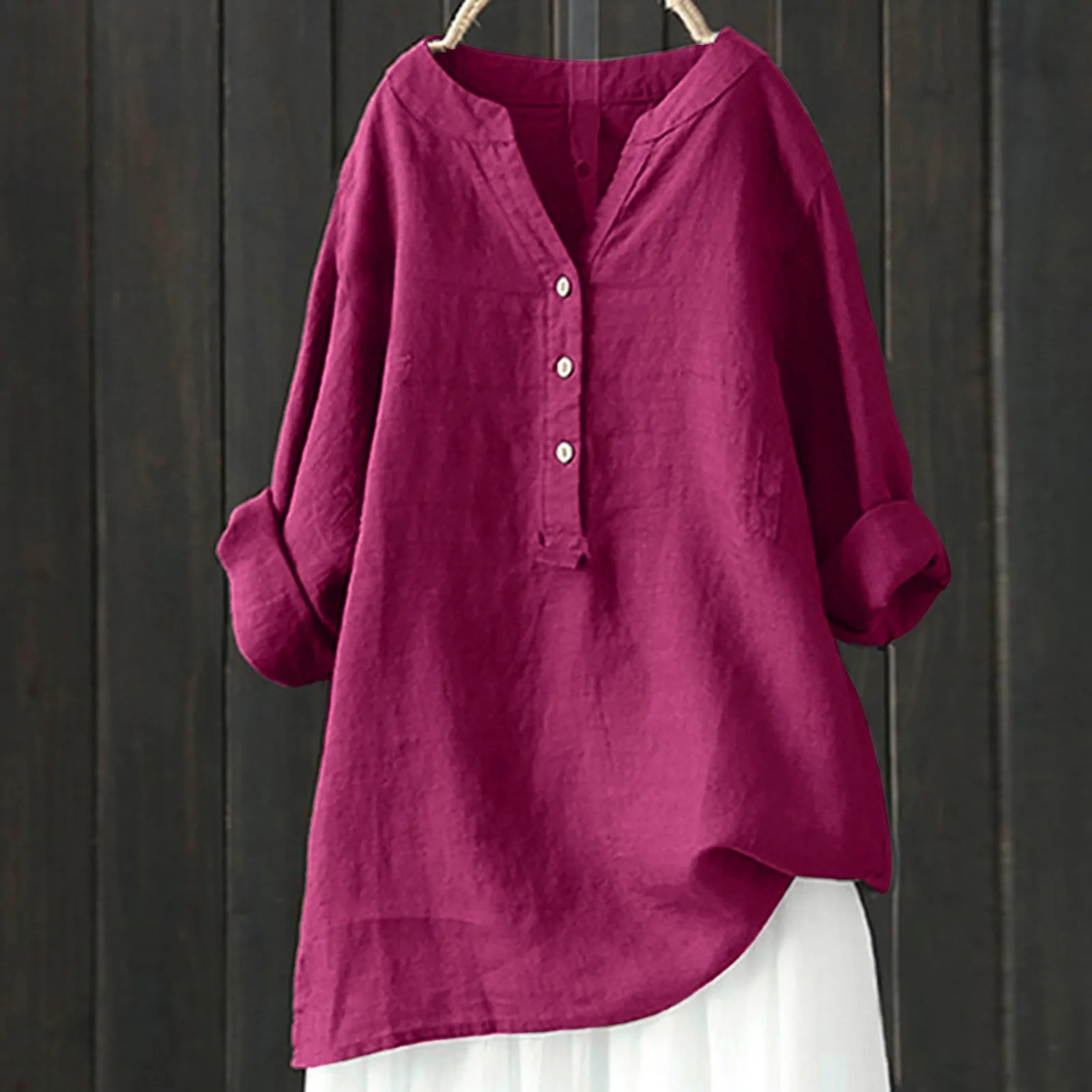 Summer Long Sleeved Baggy Tunic Shirt  Vintage Button Loose Long Sleeved Shirt Solid Color V Neck Casual Fashion Linen Shirt