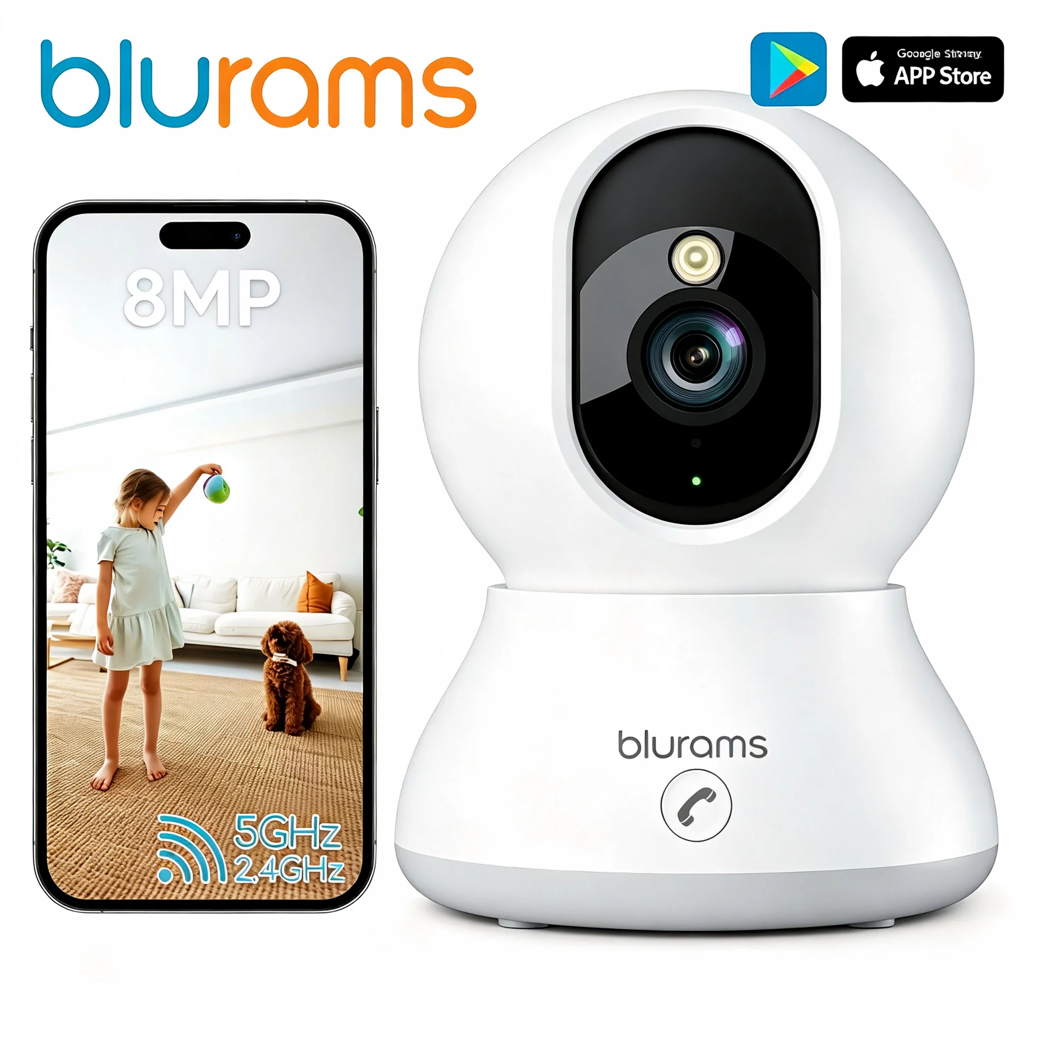 blurams 4K 8MP 2.4G/5G WiFi  Smart Detection Security Camera Indoor, PTZ Continous Recording, Color Night Vision,Google Play
