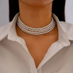 Tocona Elegant Imitation Pearl Stone Multi-Layer Necklace for Women Charming Handmade Adjustable Wedding Party Jewelry Gift