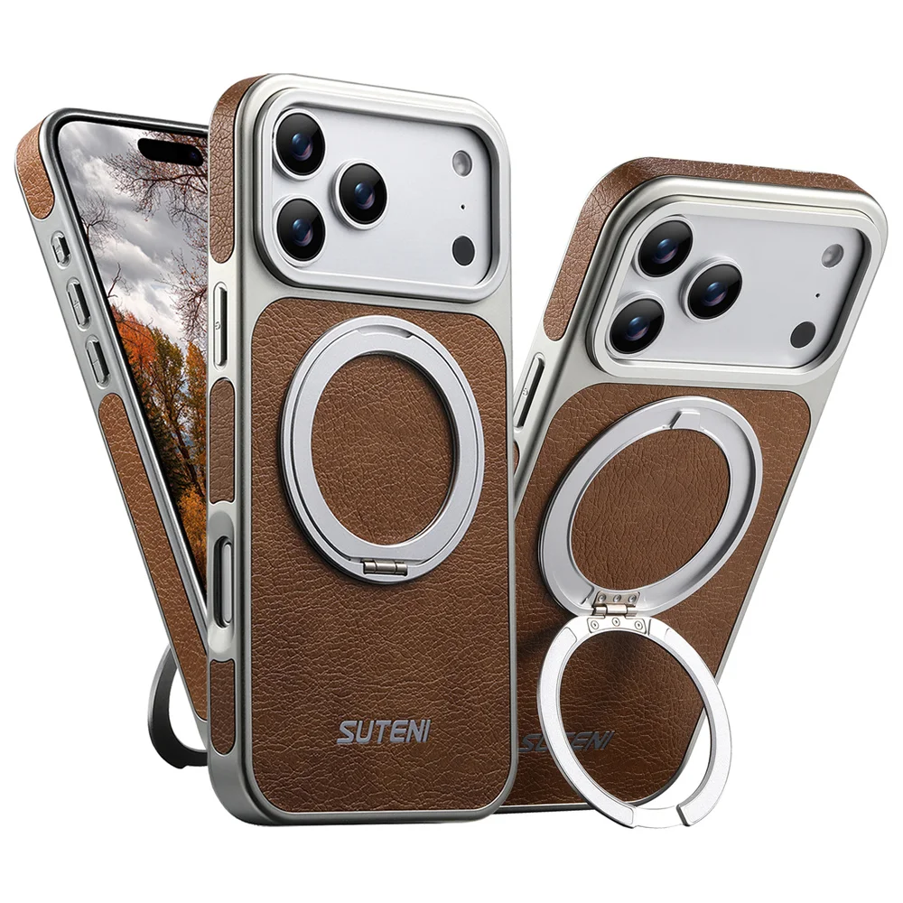 

Rotating Magnet Ring Fold Stand Leather Magnetic Phone Case For Apple iPhone 17 16 15 14 13 Pro Max Silver Plating Armor Cover