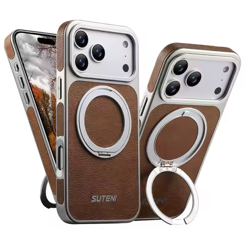 Rotating Magnet Ring Fold Stand Leather Magnetic Phone Case For Apple iPhone 17 16 15 14 13 Pro Max Silver Plating Armor Cover