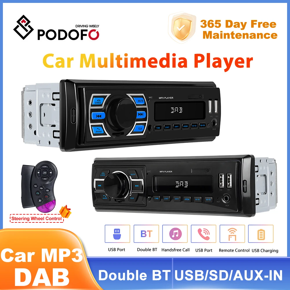 Podofo-Car Stereo Radio com Suporte Bluetooth, MP3 no painel, Áudio, Música, Carga Tipo C, Carga Tipo C, DAB, 12V, 1Din