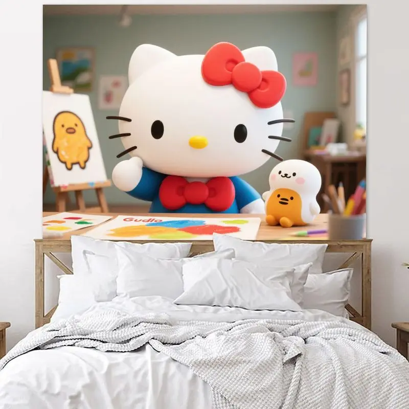 1PC Sanrio Hallo Kitty Malerei Kunst Klasse Nette Kawaii Mädchen Geschenk Tapisserie Moderne Polyester Wand Kunst Wohnzimmer Schlafzimmer Dekor