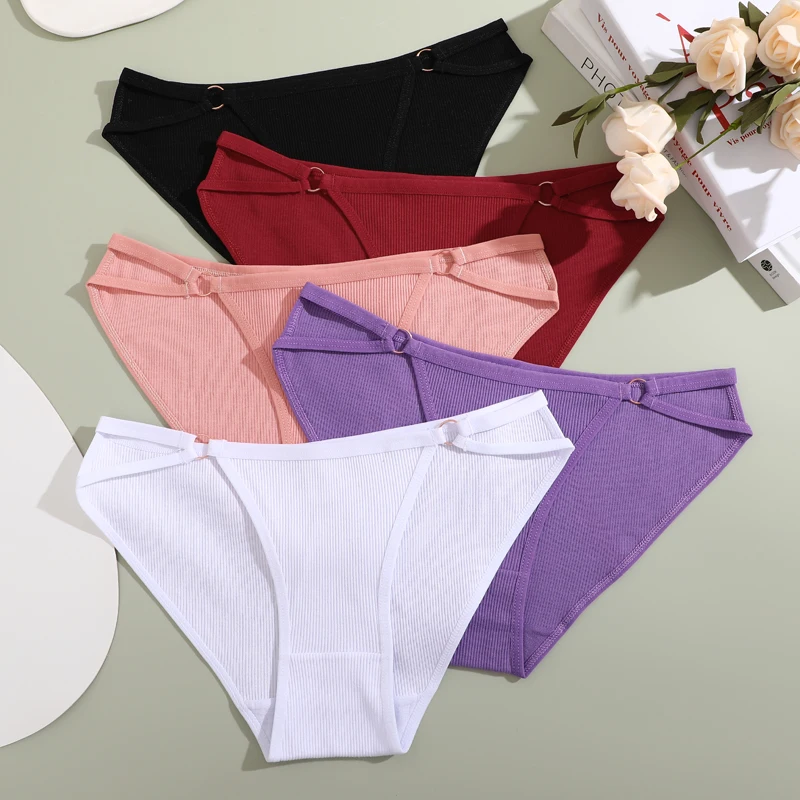 Women Cotton Panties Sexy Low Rise Briefs Underwear Female Solid Color Lingerie Underpants Ring Hook Hollow Out Soft Panties