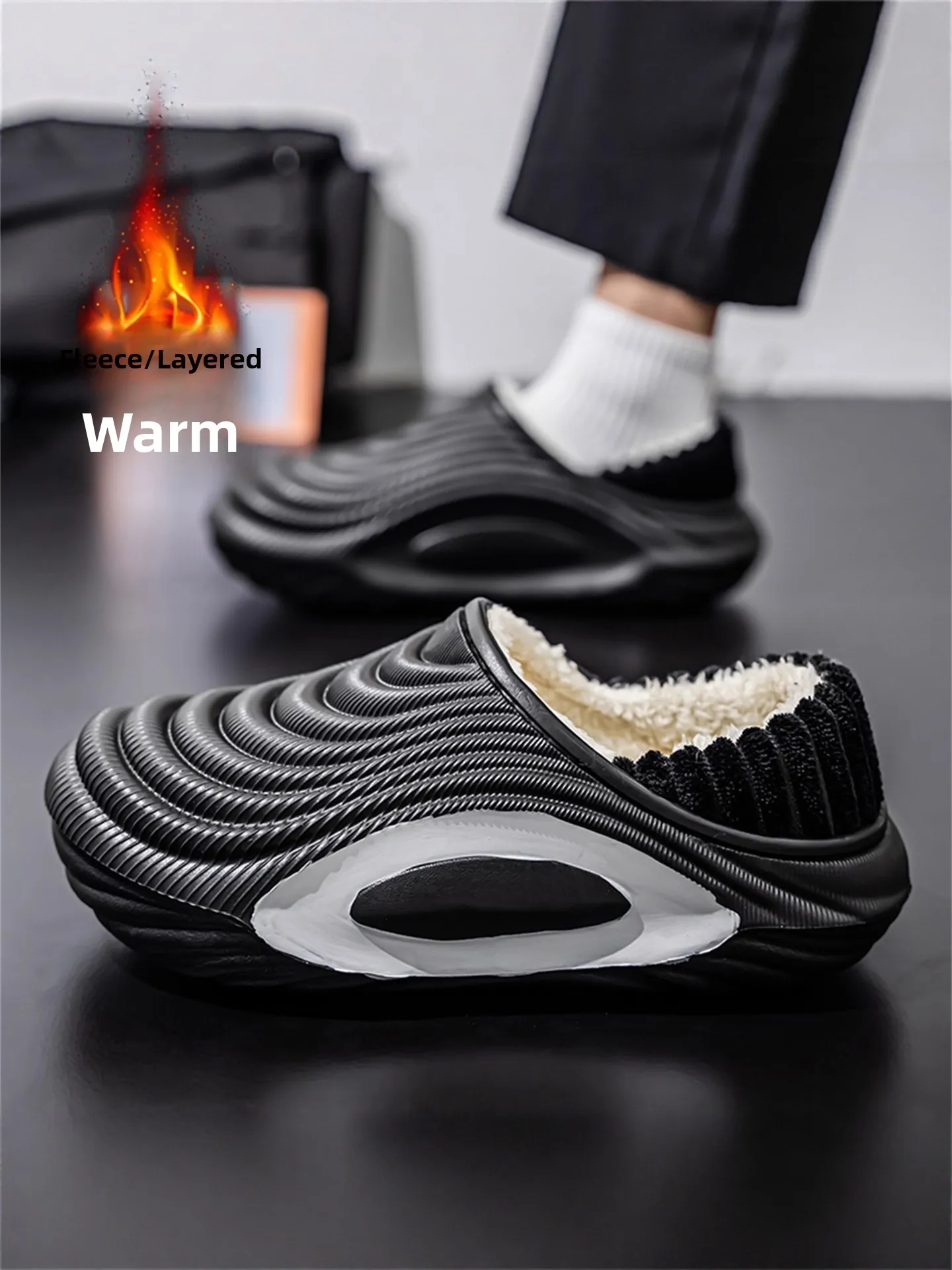 Men's Winter Thickened Fleece Slippers Home Outdoor Wear Waterproof Non-Slip Slip-On Shoes Warm Thick Bottom Head Cover Slippers