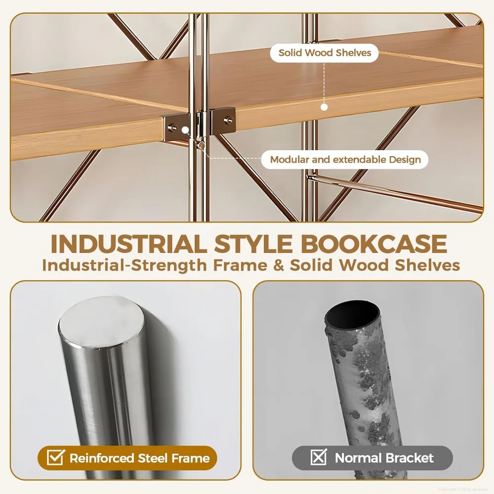 Промышленная 5-уровневая книжная полка, современный металл и дерево, прочный стеллаж для хранения офиса, гостиной, спальни и кабинета, открытый S