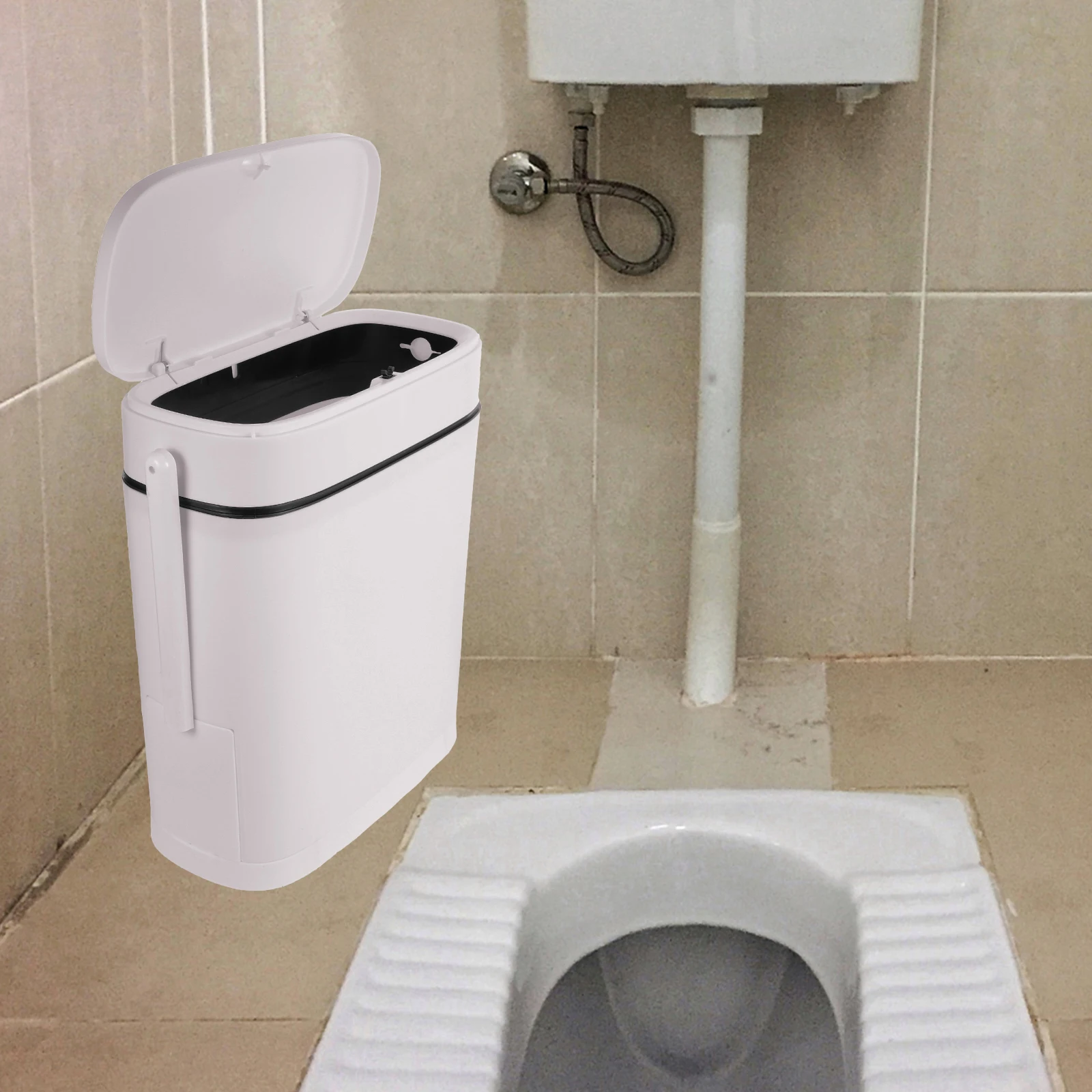 

Toilet Brush Trash Can Bin with Lid Bathroom Garbage Multifunction for Home Plastic Container Pp Trashcan