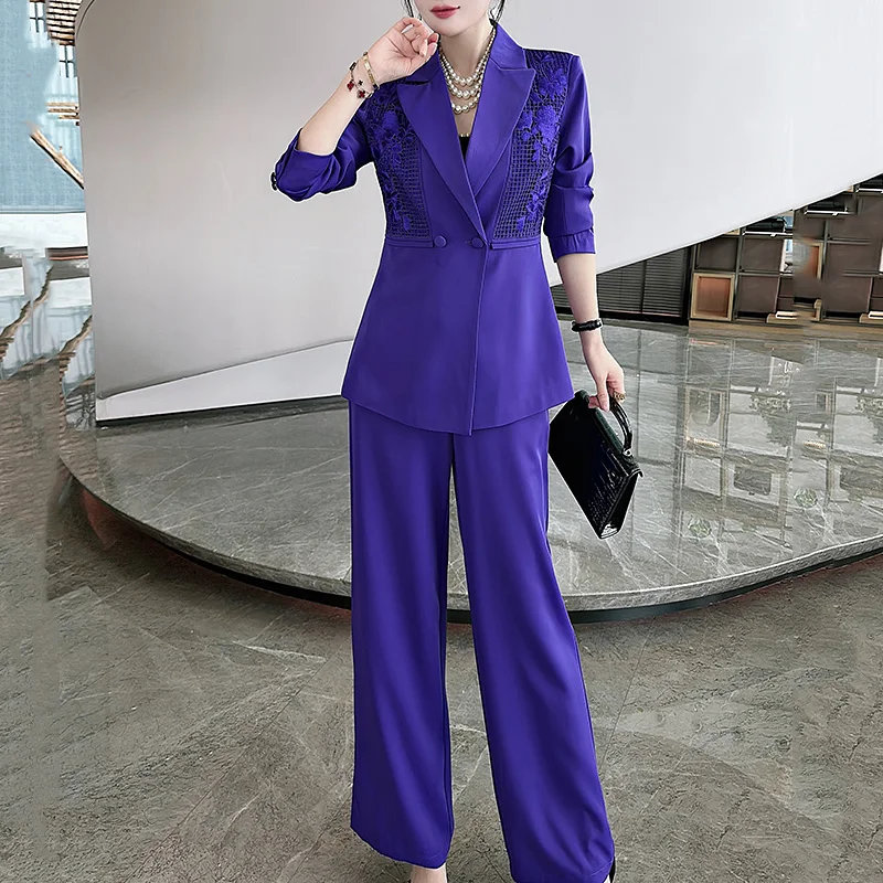 High-end Women Floral Women Set Vintage Embroidery Coat Top + Blue/Purple Trousers Elegant Lady Casual Suit Set S-XXL