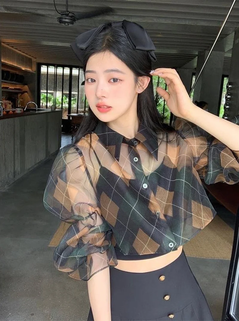 Diamond Lattice Transparent Long Sleeve Women\'s Plaid Blouse Vintage Black Chiffon Crop Top Puff Sleeve Women\'s Buttoned Shirt