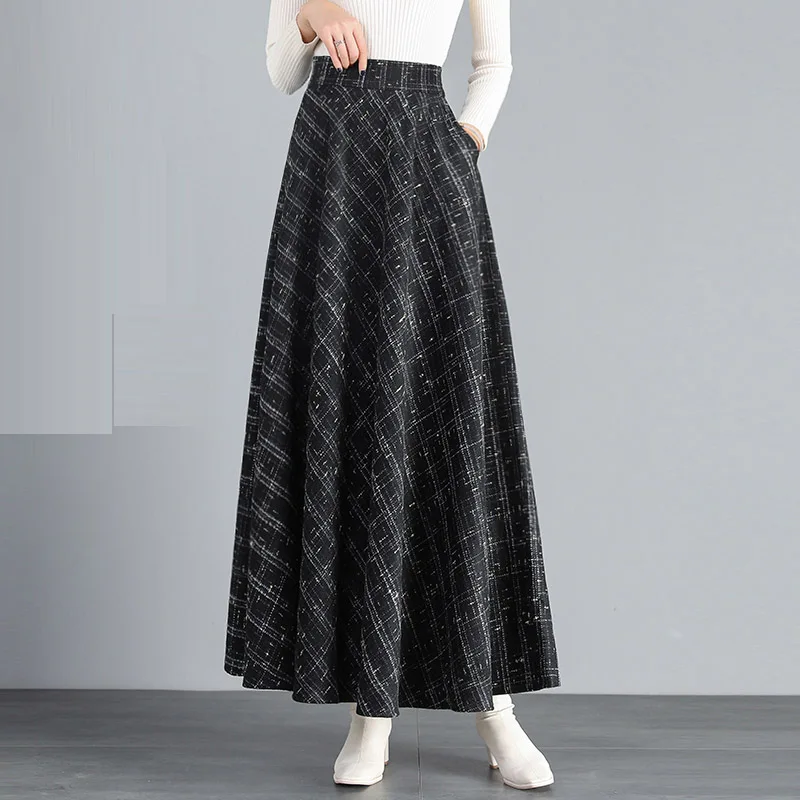 Elegant A-Line Long Skirt for Women plus Size Brown Woolen Plaid Pattern Retro Vintage Fashion Winter 2024