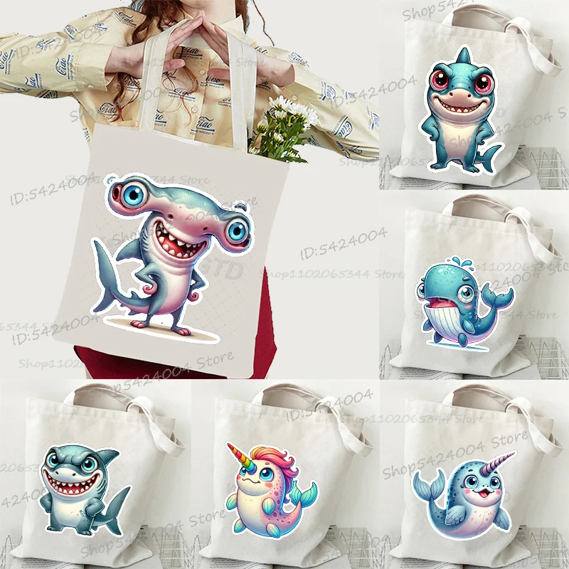

Anime Shark Whale Sea Animal Series Women's Handbags Fashion Cartoon Canvas Tote Bag Foldable Shopping Bag Teen Shoulder Bag