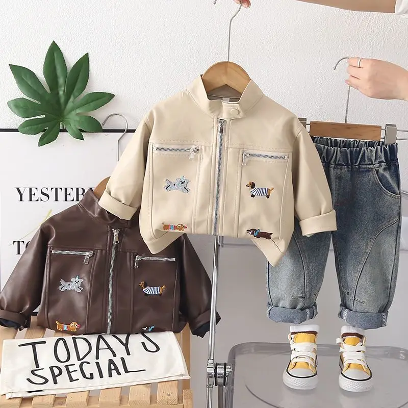 

Spring and Autumn Children's Set Fashion New Style Boys and Girls Stand up Collar Zipper Jacket Jeans Two Piece Set
