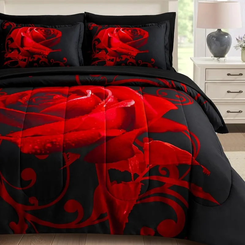 Imagem -02 - Reversível Conjunto Consolador Vermelho Peças de Cama em um Bolsa Cama Macia Microfibra Rose Pattern Impresso Leve Rainha