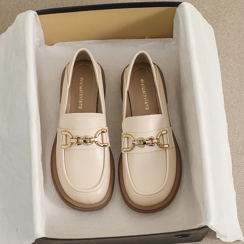 Damen-Slipper im britischen Stil, Plateau-Schuhe mit klobigem Absatz, weiche Sohle, Lederschuhe, modisch, lässig, für den Alltag, Outdoor-Schuhe, schlicht