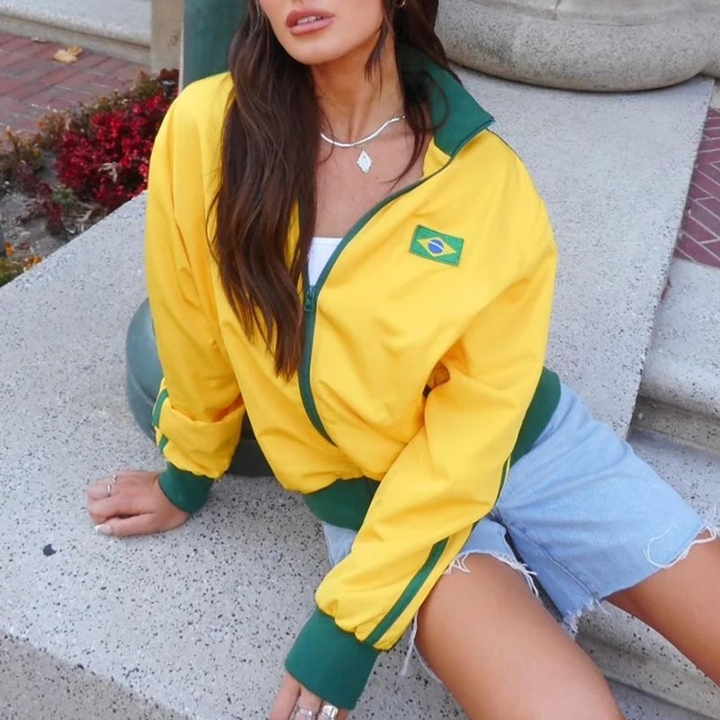 2023 Women Brasil Graphic Print Zip Up Hoodie Jackets Y2k Harajuku Casual Fashion Yellow Stand-up Collar Long Sleeve Streetwear