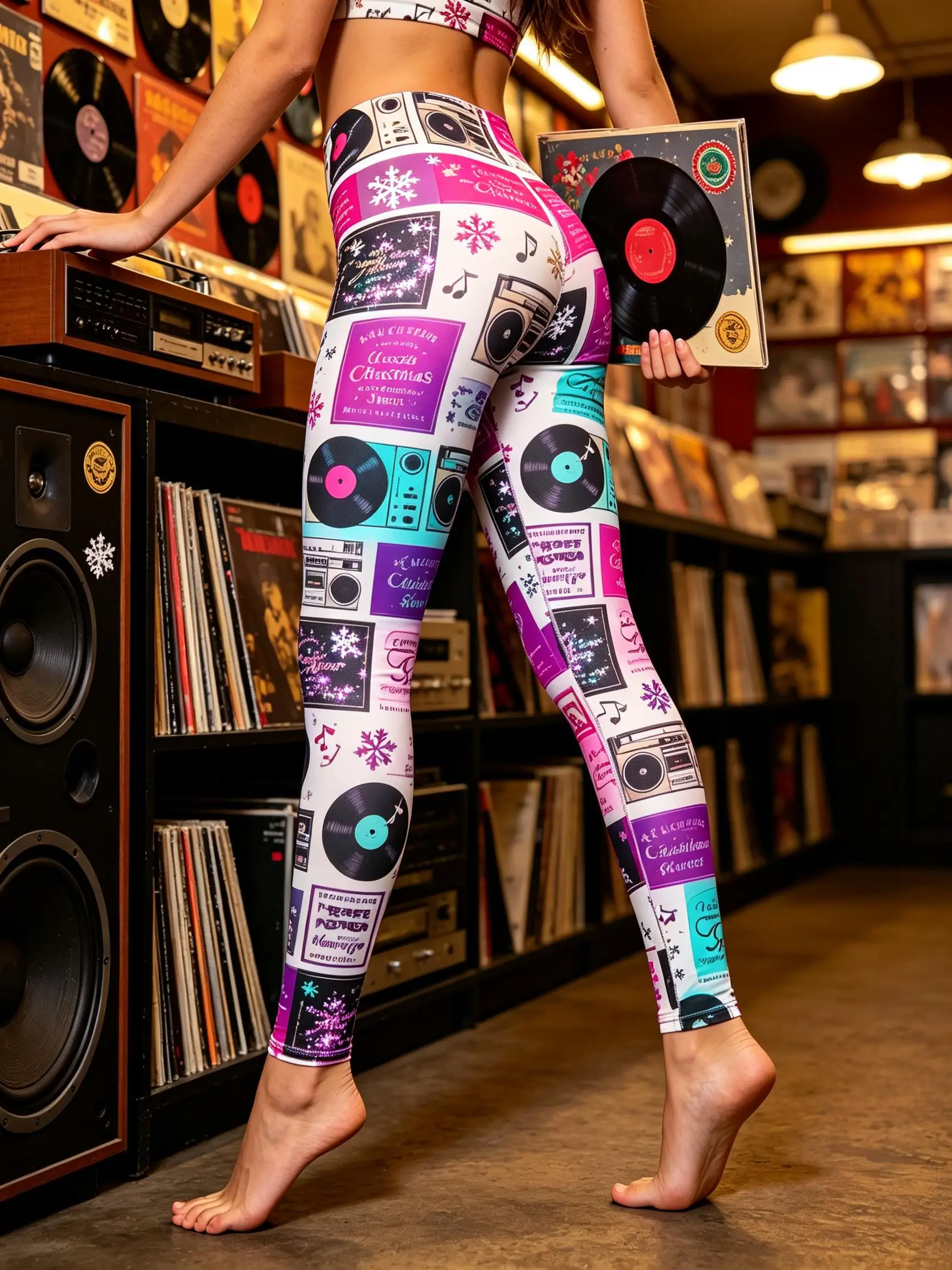 Women Fleece-Lined Mid-Rise Leggings Vintage Vinyl Record Christmas Music Print Slim Warm Pants