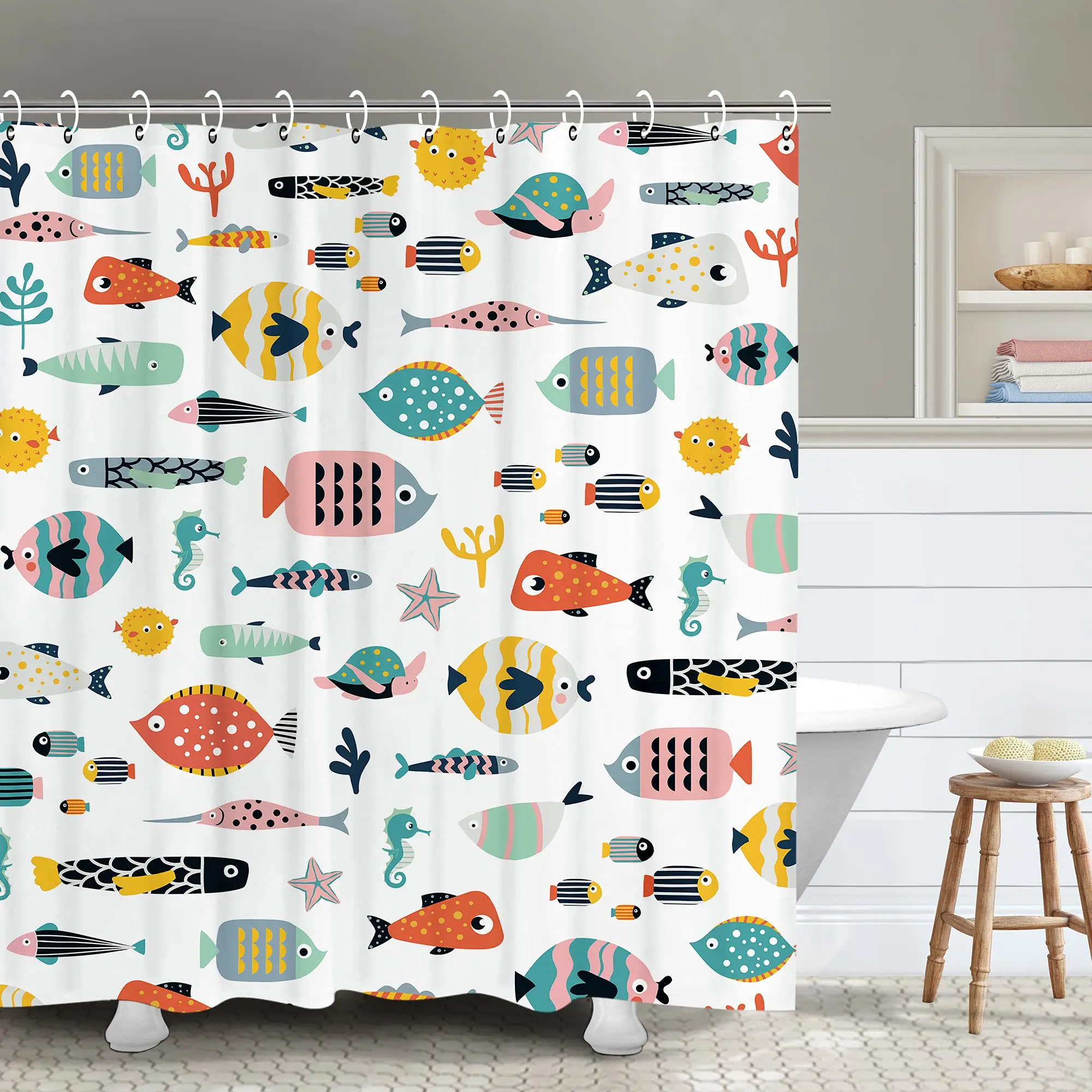 Carp Cartoon Lake Fish Shower Curtain Blue Vintage Fishes Shower Curtains Bathroom Home Decor Sets Polyester Fabric with Hooks