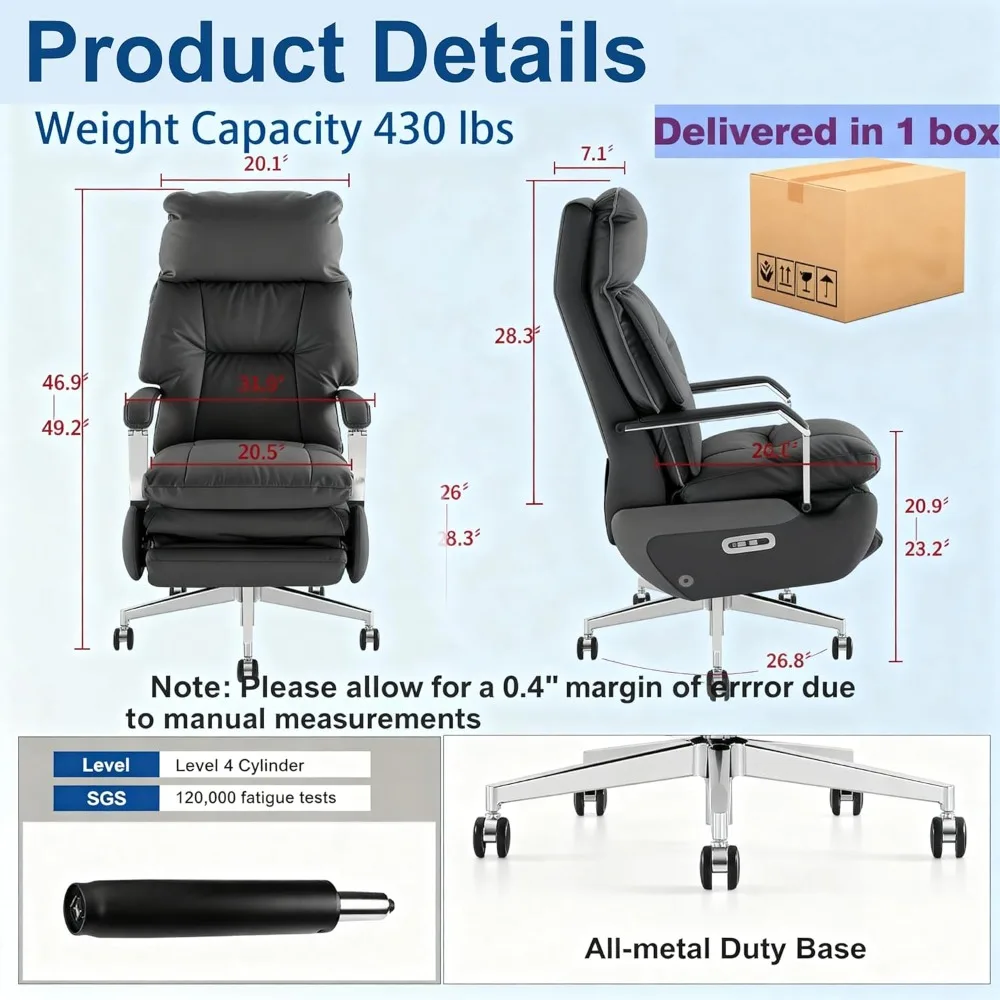 كرسي مكتب منزلي بمحرك مزدوج: 430 رطل كبير وطويل، جلد PU، تدليك، مسند للقدمين، دعم الوسادة