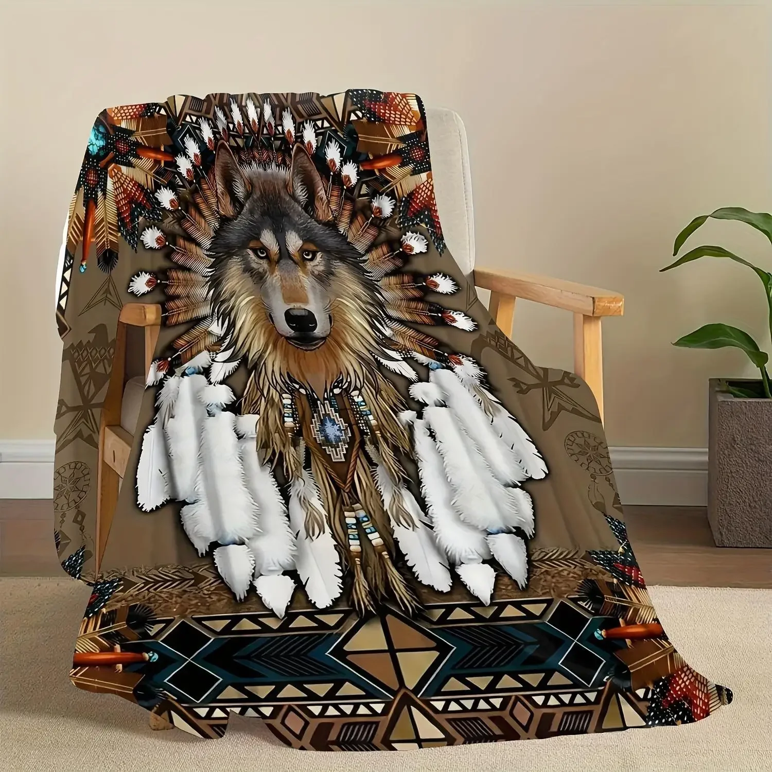 1Pc Stitch Print Blanket Wolf Totem Blanket Soft Flannel Sofa Blanket  for Couch Bed Picnics and Camping