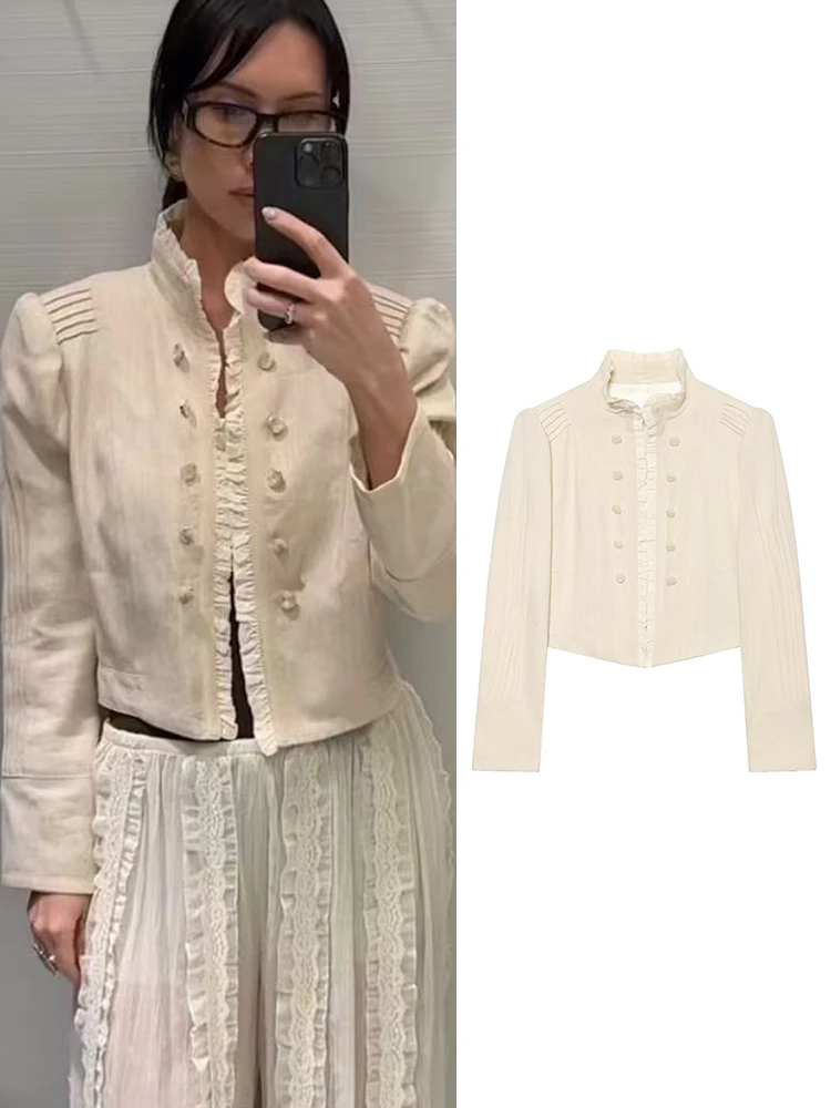 TFMLN Women Tierred Design Short Coat Splicing Stand Up Collar Long Sleeve Jacket Autumn New Vintage High Street Leisure Tops