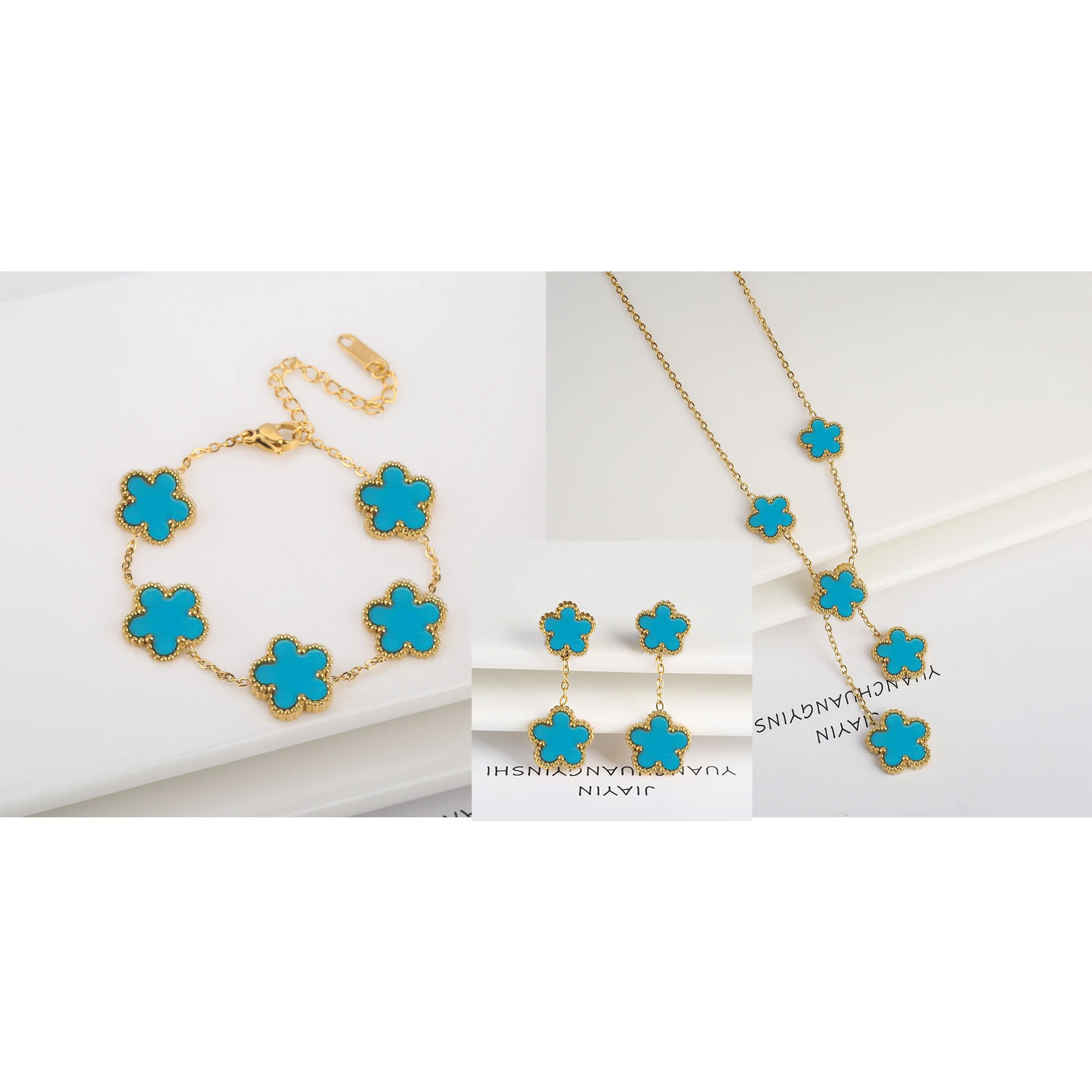3pc 18k Gold-Plated Five-Leaf Flower Necklace Earrings Bracelet Set