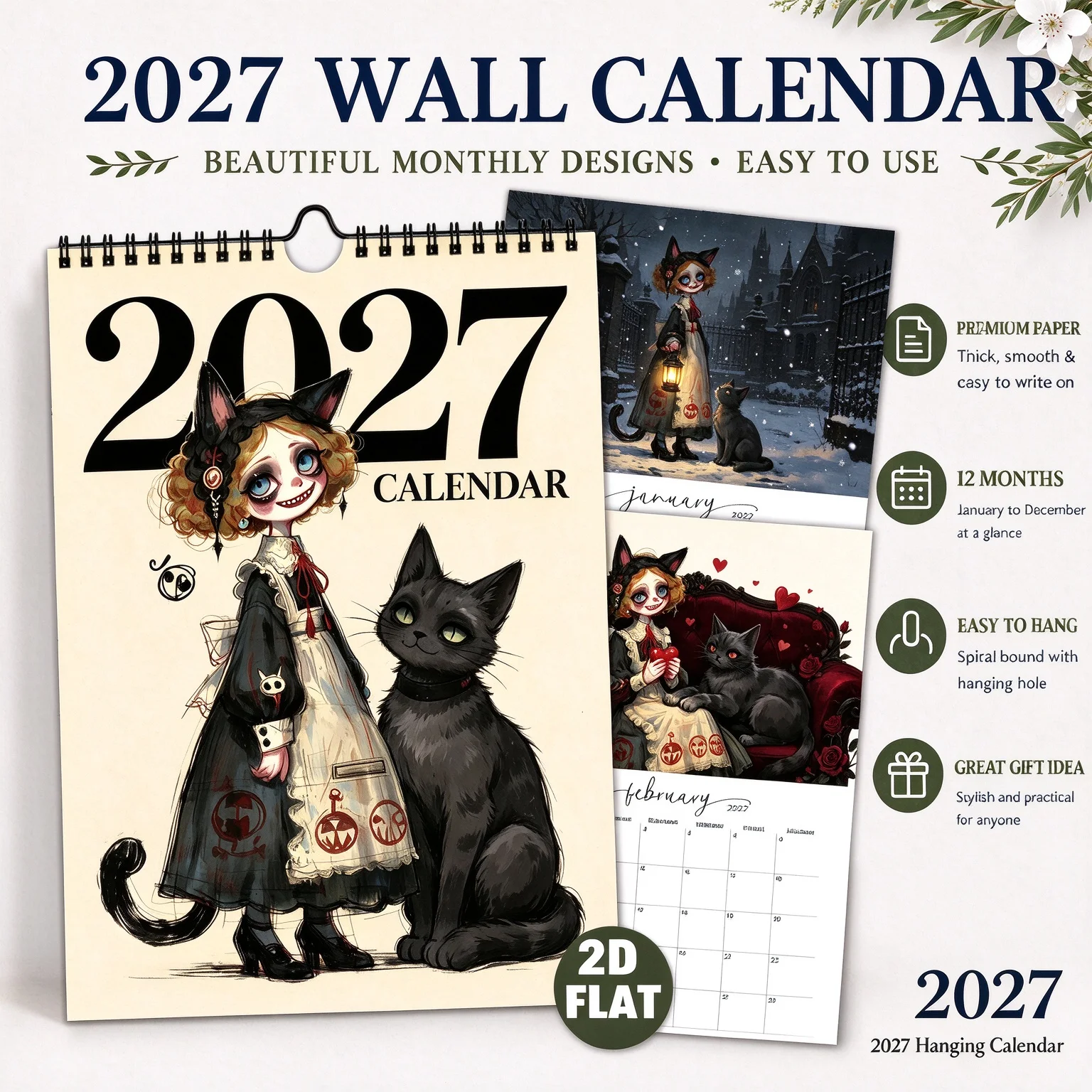 Black Cat Calendar 2027 Creepy Cute Wall Calendar Dark Fairytale Illustrations Monthly Calendar Gothic Home Decor