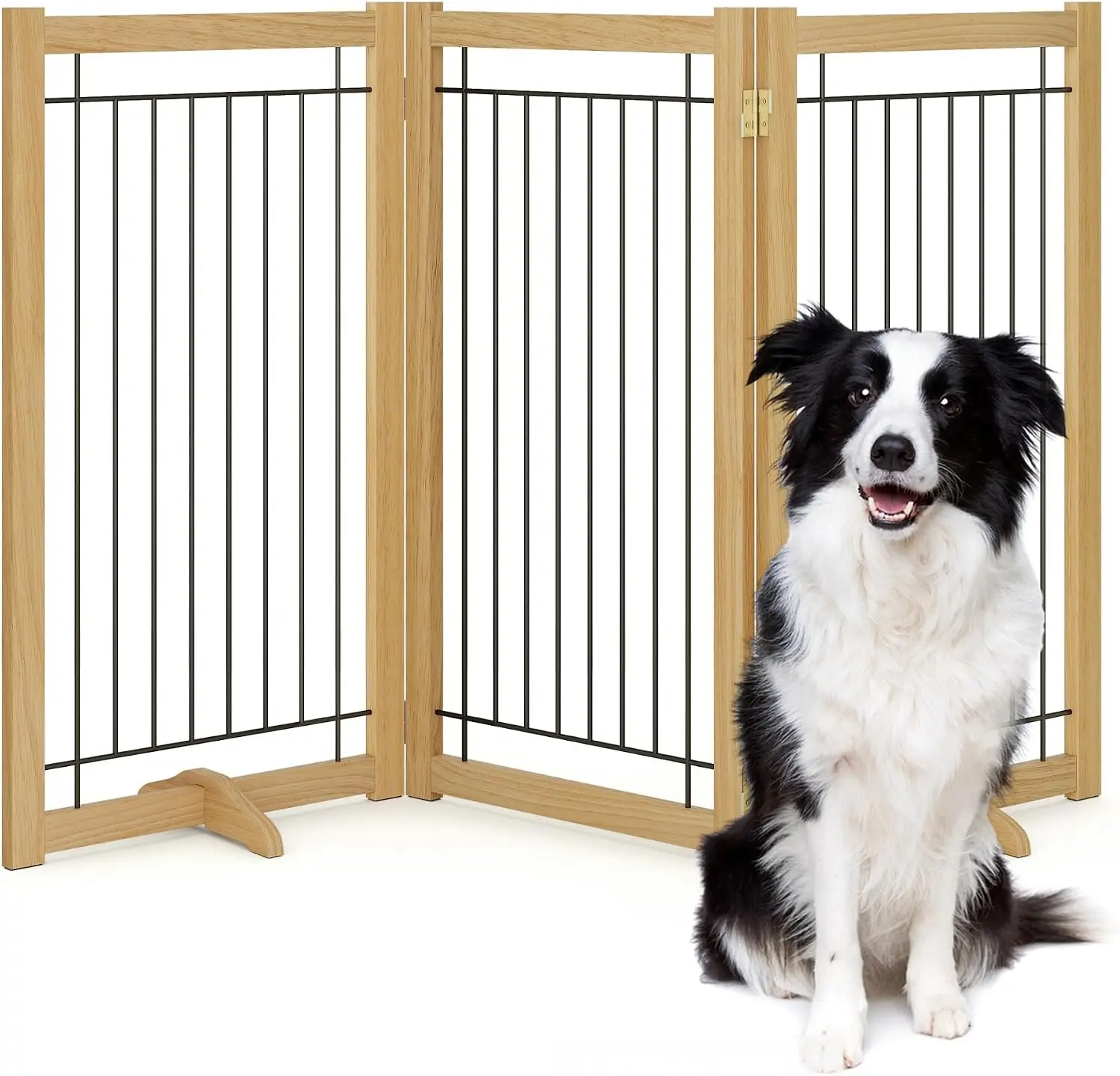 Wire Dog Gate Solid Wood Frame, Anti-Chewing, 3-Panel, 36