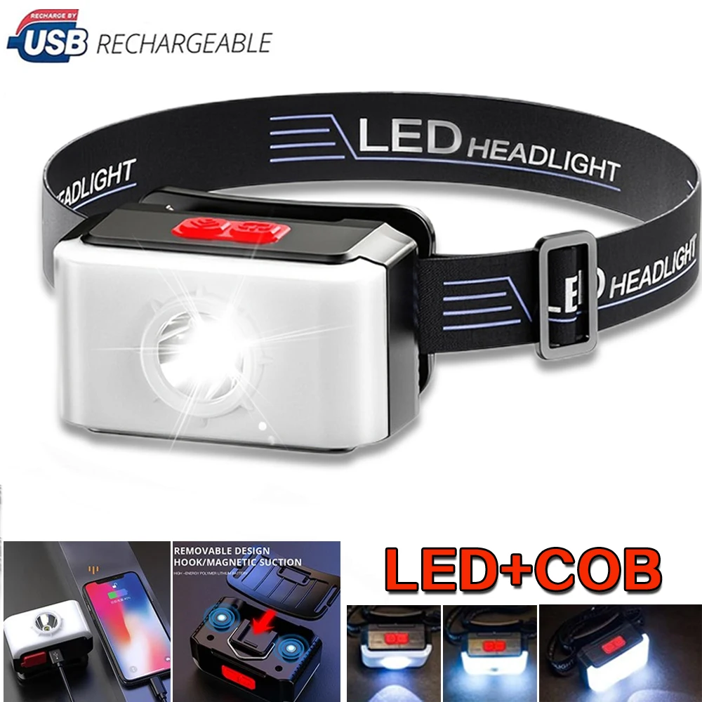 

LED+COB Headlamp Type-C Rechargeable Mini Headlight Head-mounted Flashlight Outdoor Camping Adventure Working Light 3Modes Torch