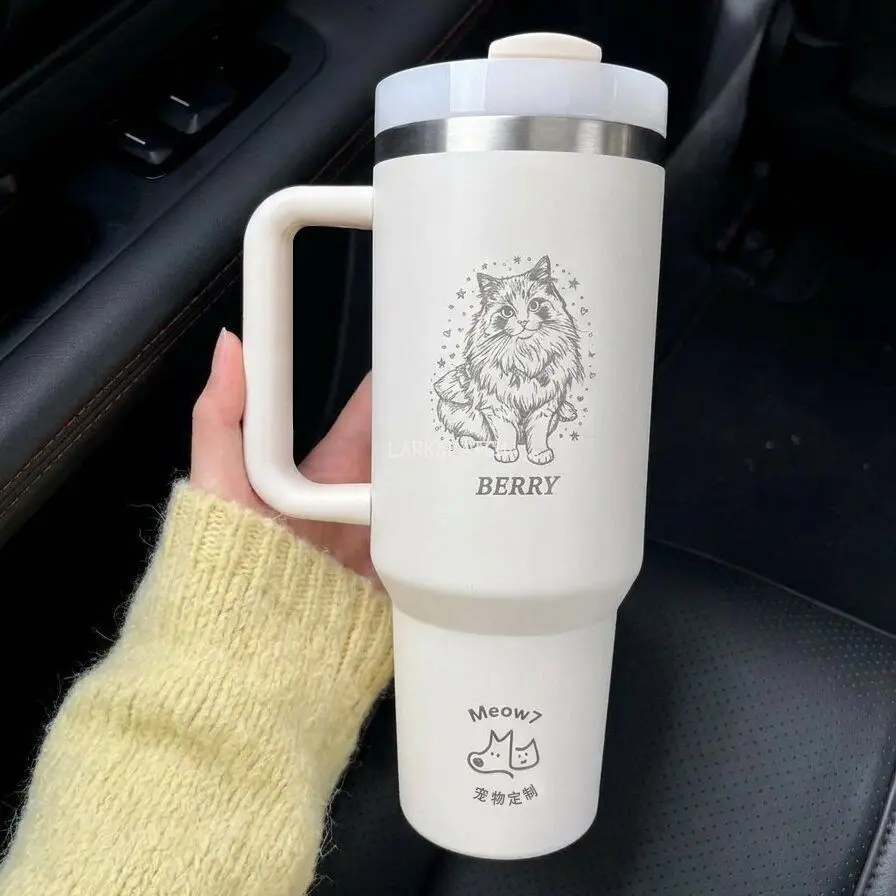 40oz Custom Pet Tumbler with Handle Personalized Photo Travel Mug Stainless Steel Vacuum Insulated Car Cup Dog Mom Gift
