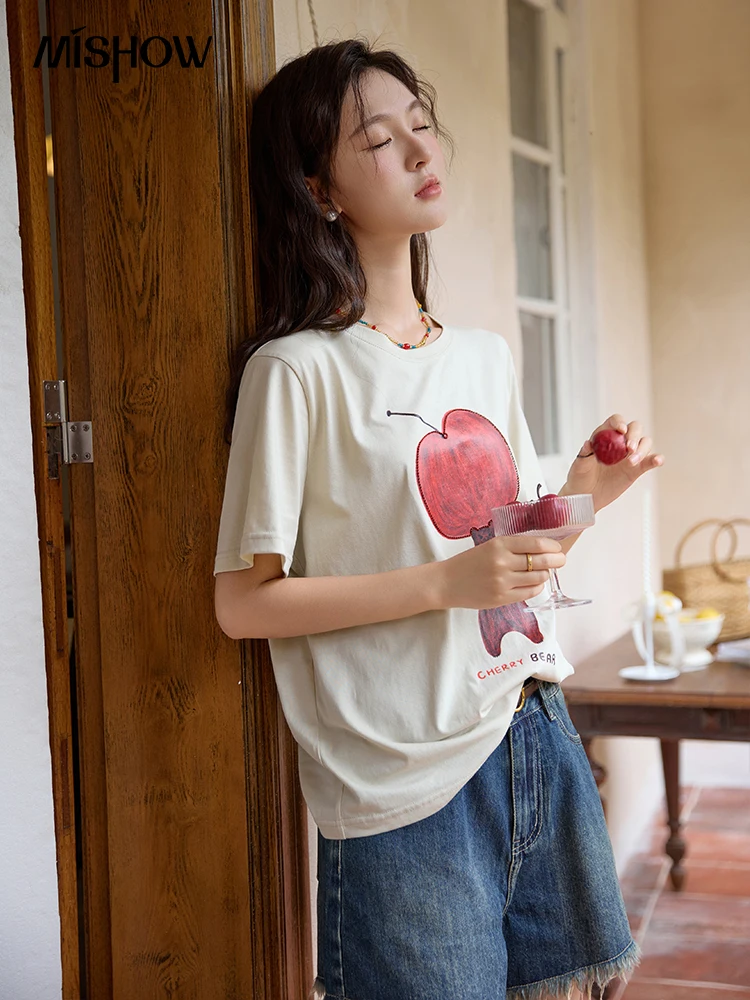 MISHOW Apple Bear Printed T-shirt 2024 Summer Round Neck Loose Tops 100 Cotton Falling Shoulder Sleeves Casual Tees MXD30T0299