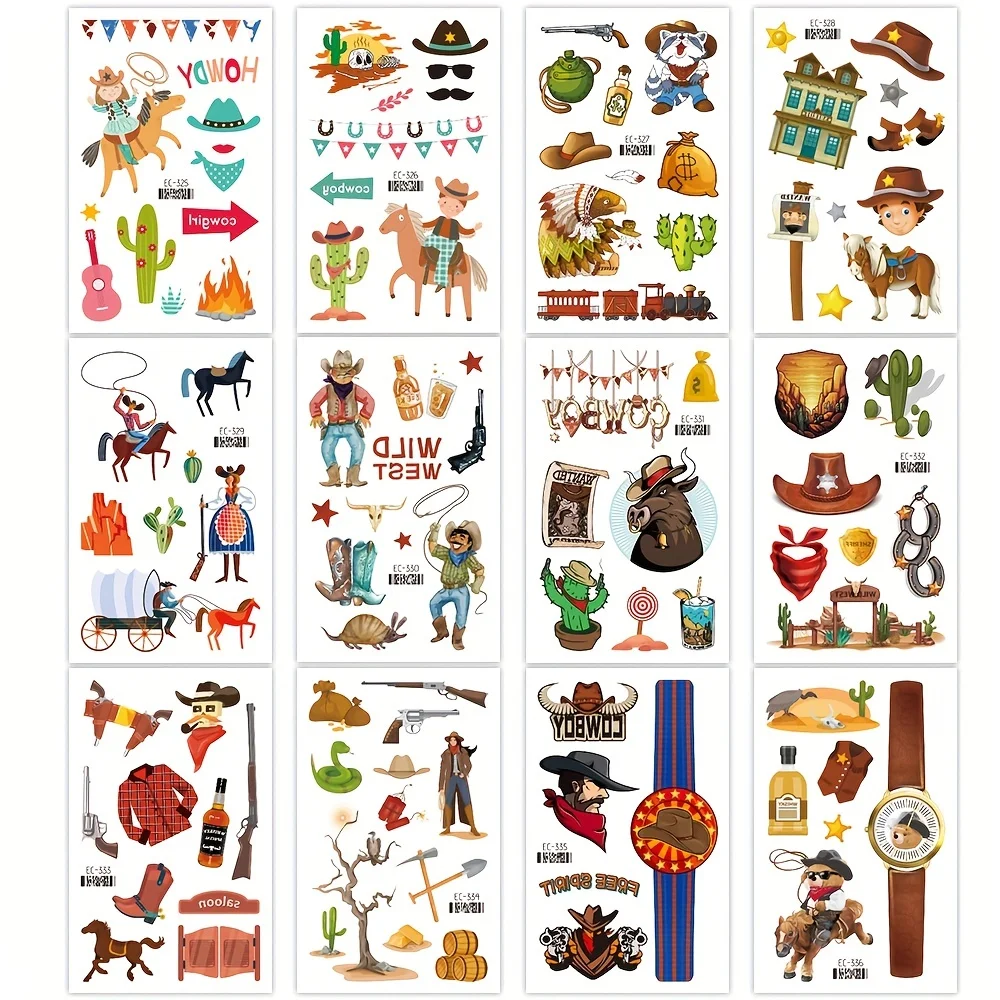 

12 Sheets Cowboy Temporary Tattoos Cowgirl Party Favors Birthday Decorations Goodie Bag Fillers Halloween Treats