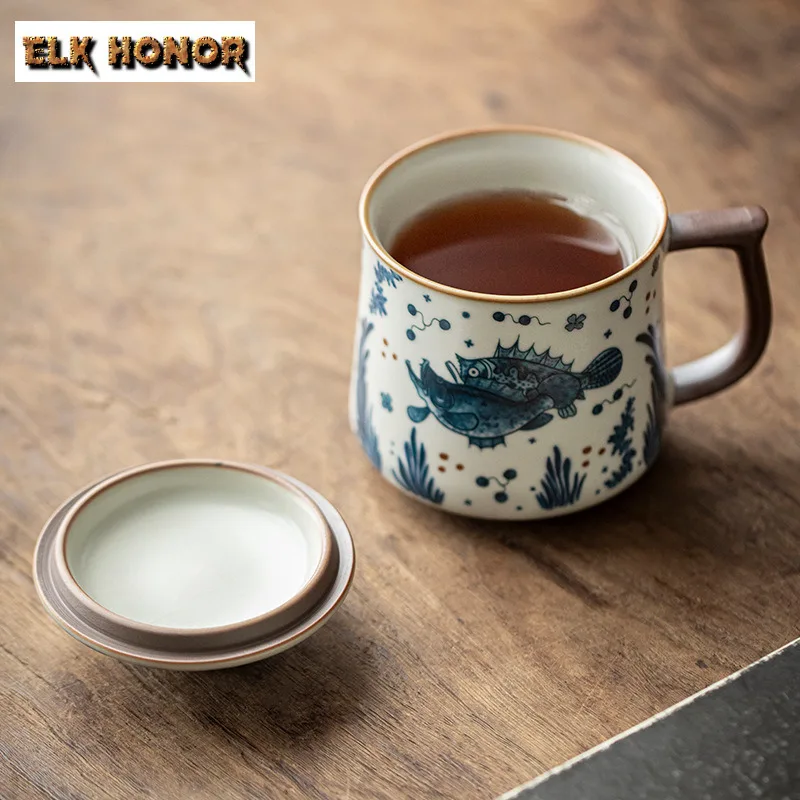 330ml Ru Kiln Fish Algae Pattern Coffee Mug Hot Chocolate Cup Afternoon Tea Mug Household Office Water Cup Drinkware Decoration