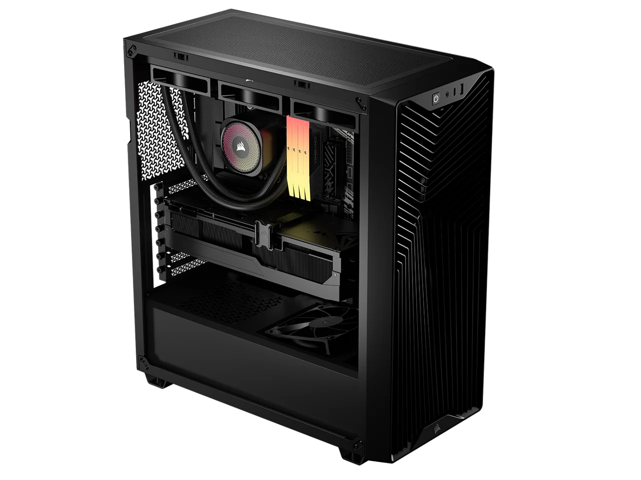 CORSAIR 3200D RS Mid-Tower PC Case - Supports a 360mm radiator - USB Type-C/Type-A front I/O port - 9x 120mm fans and 4x 140mm fans - GPU Anti-sag Stabilization Arm - Tempered glass side panel - Black