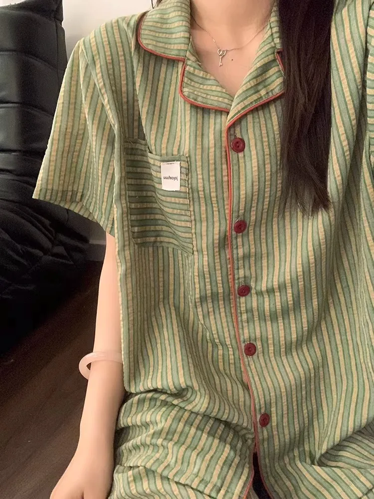 Breathable Korean Style Striped Polka Dot Collar Women's Sleepwear Summer Thin Lightweight Skin-friendly Home Clothes Set