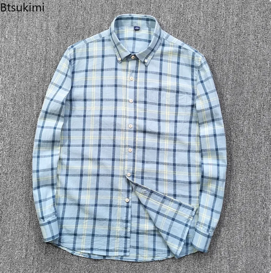 High-Quality Cotton Linen Men's Long Sleeved Shirt Comfort Breathable Classic Plaid Regular Fit Casual Business Social Shirts